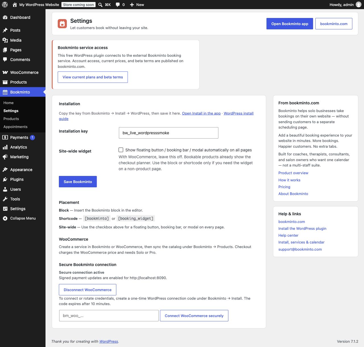 WordPress settings connect the installation key and secure WooCommerce connection.