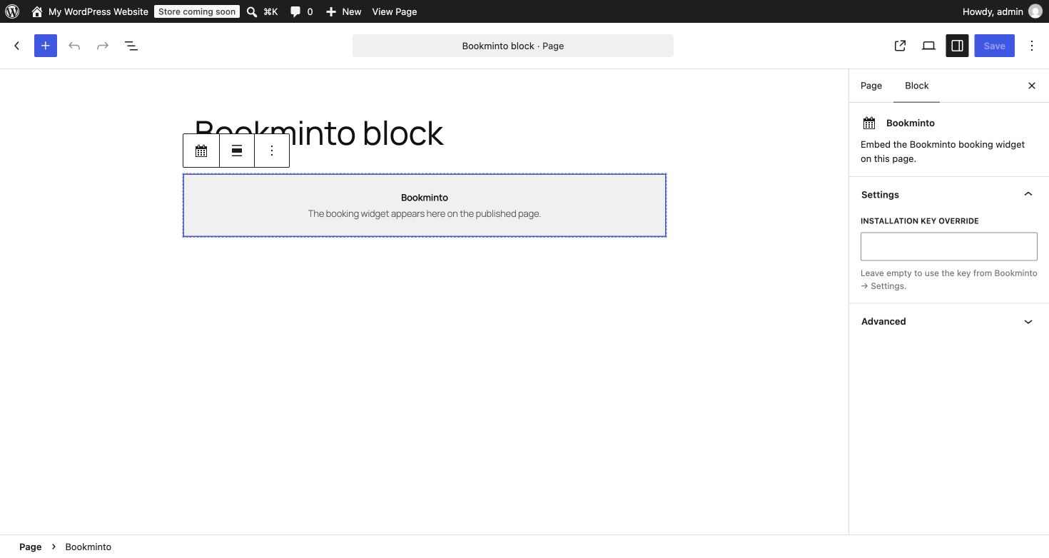 Add the Bookminto block to a page in the WordPress editor.