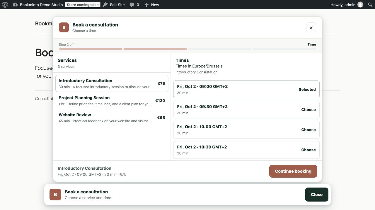 The expanded booking bar shows services, prices, and available times.