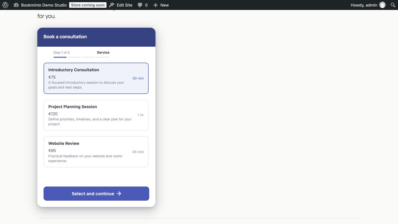 The inline widget embeds service selection directly in a WordPress page.