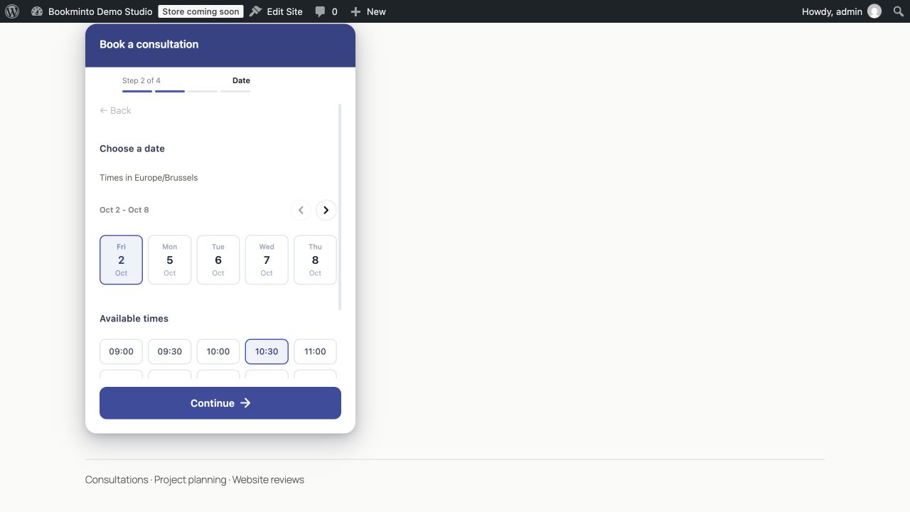 Visitors choose an available date and time in the inline widget.