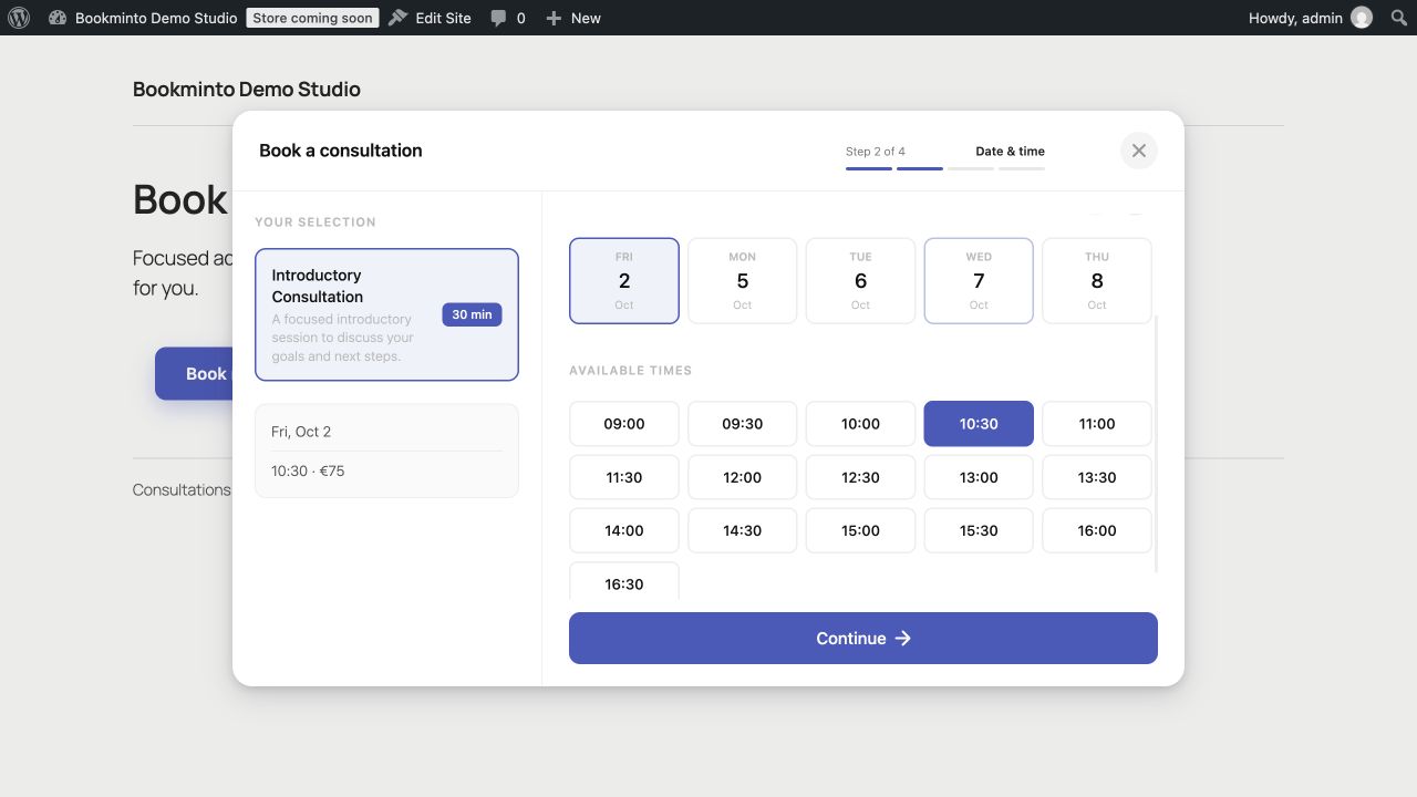 The modal booking form shows the selected service alongside date and time selection.