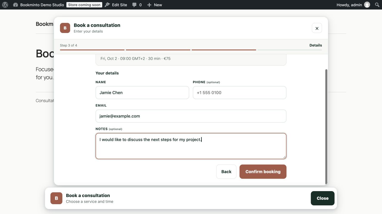 The booking bar customer form collects contact details and optional notes.