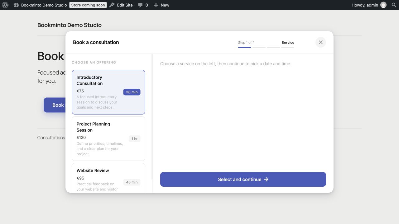 The modal widget offers service selection with example descriptions, duration, and prices.