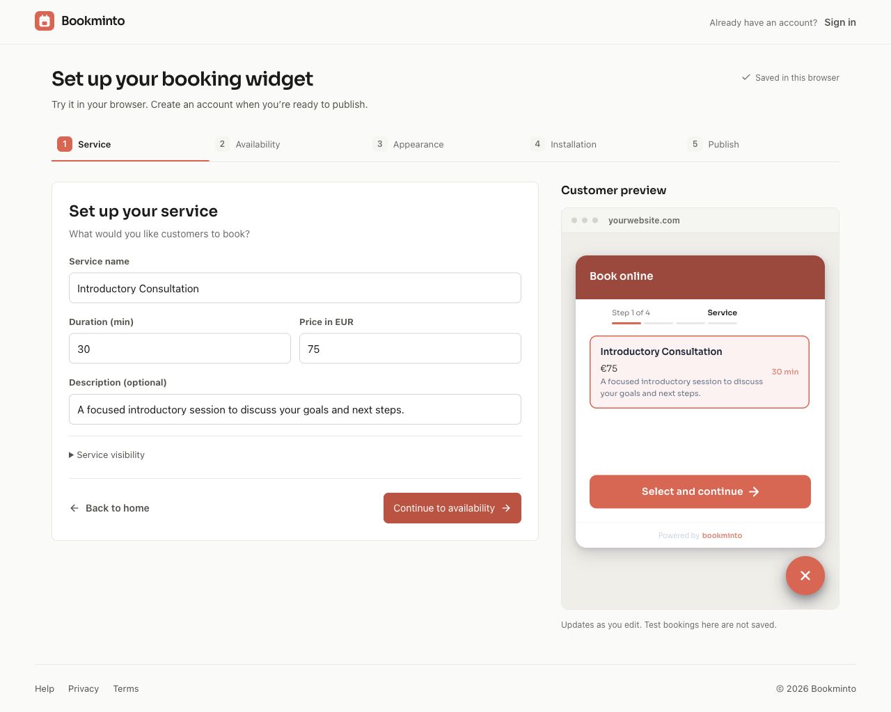 Configure a service with its name, duration, description, and price in the Bookminto setup.