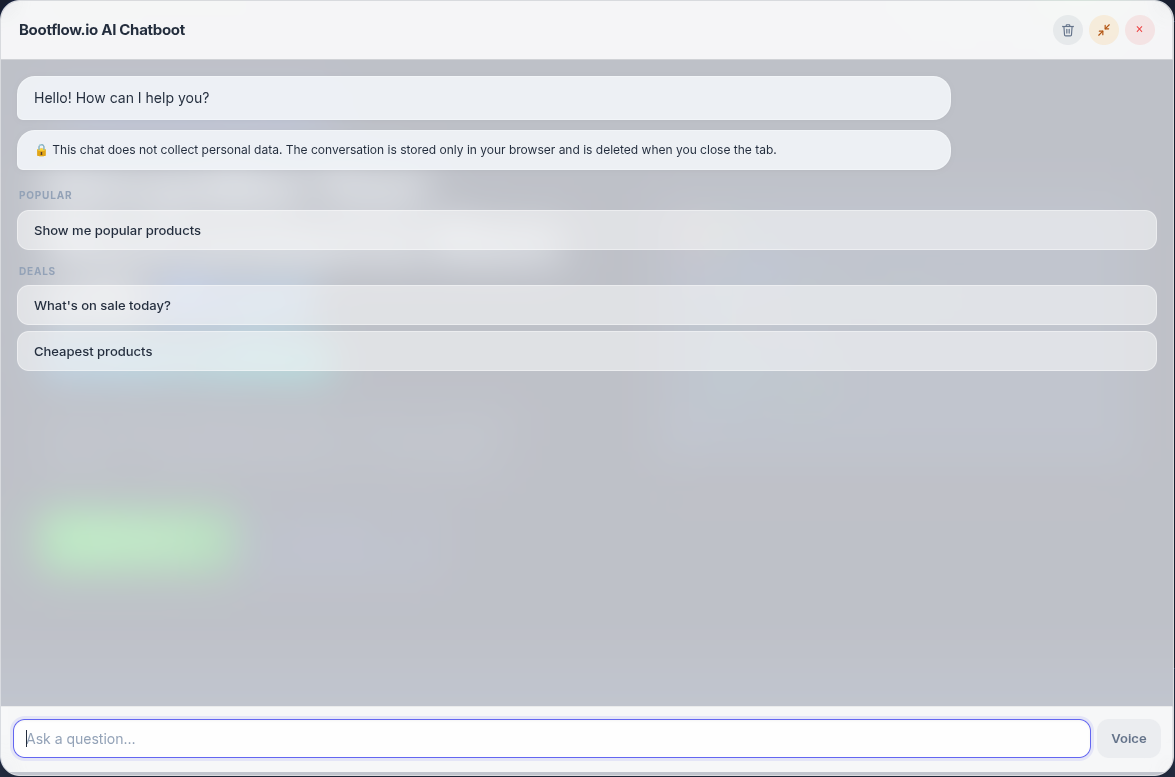 Chatbot on the frontend with product search results.