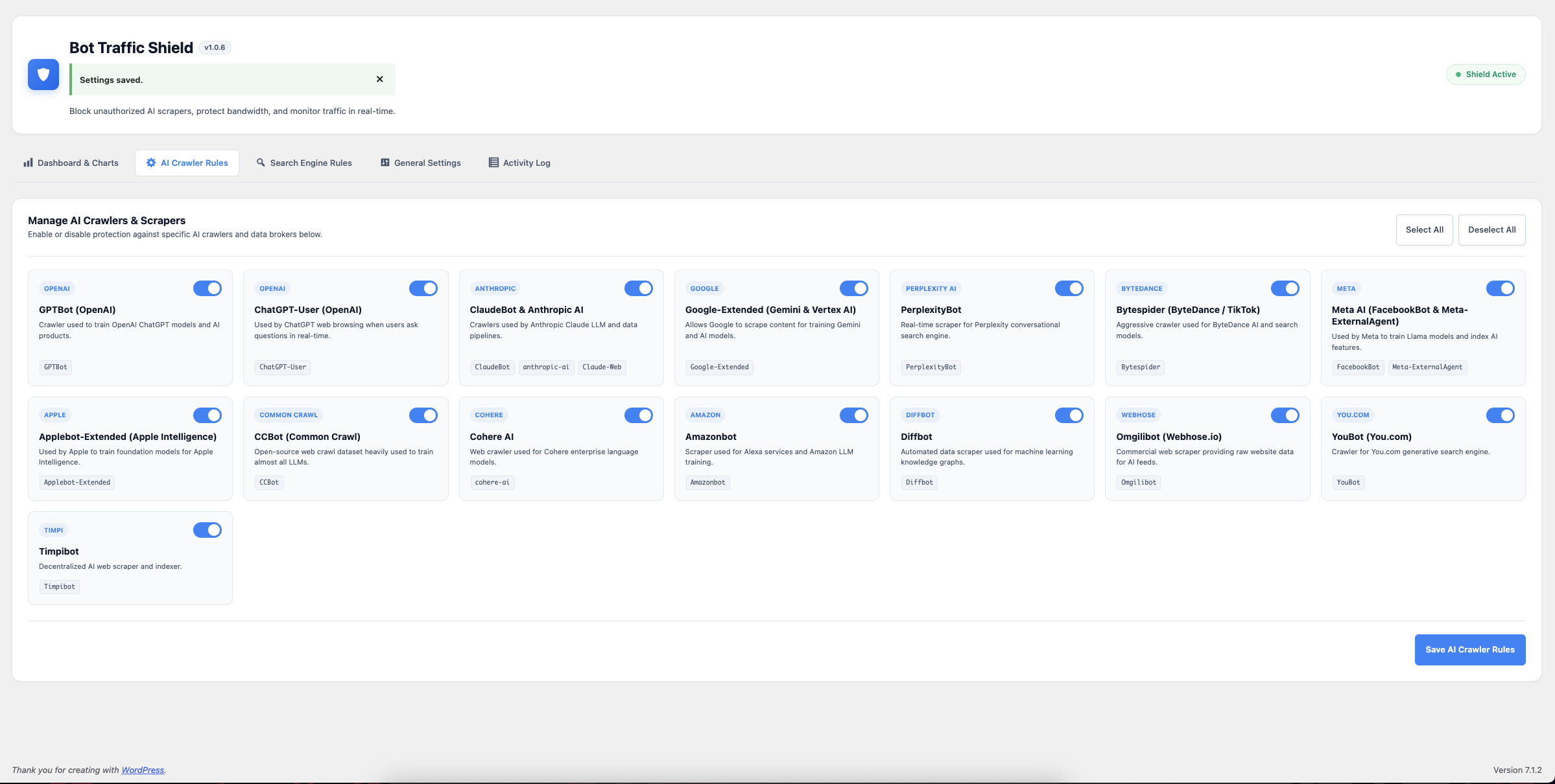 Granular AI crawler rules panel with individual toggle switches for each AI provider