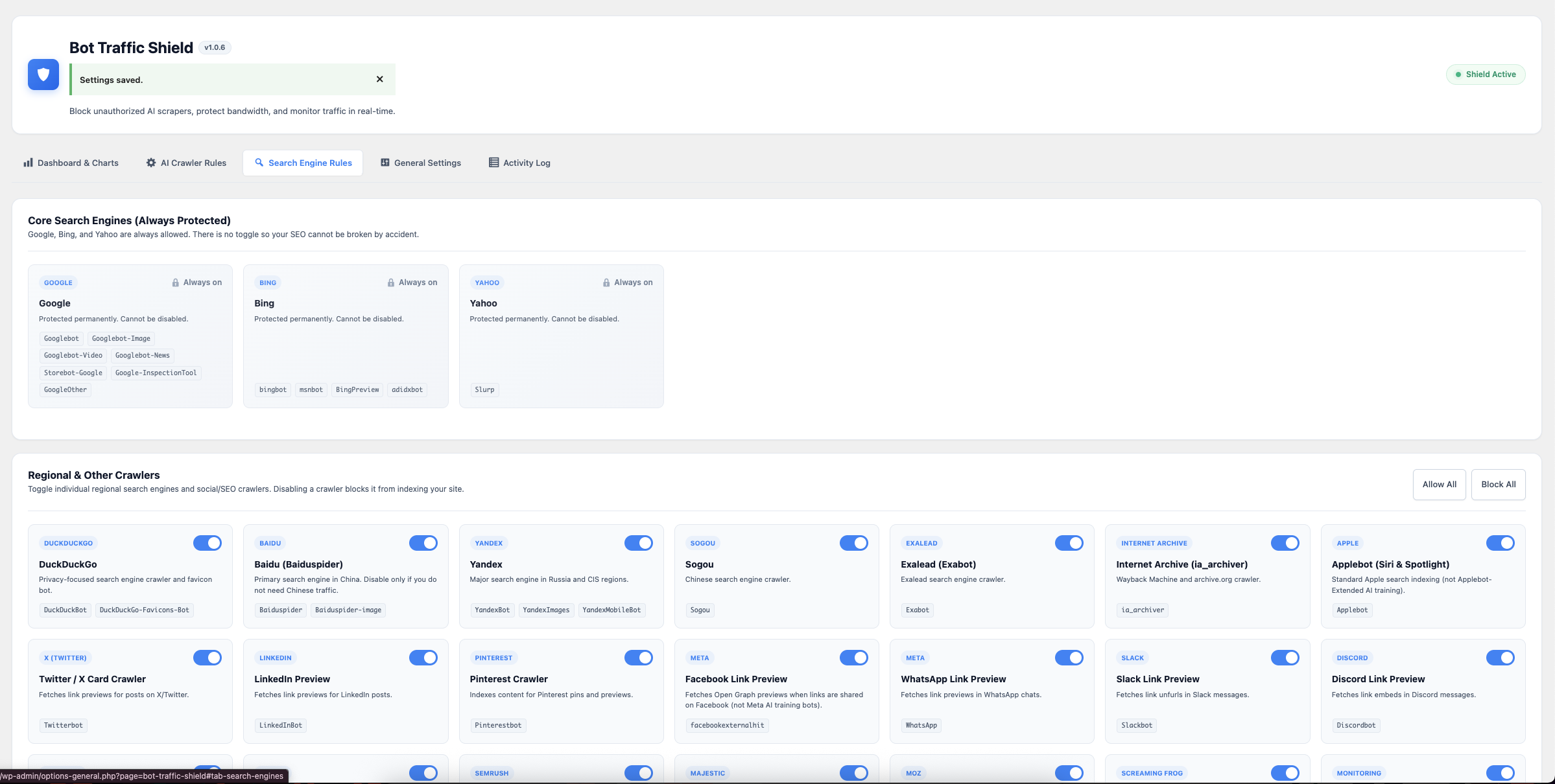 General settings page with master switch, logging toggle, and custom blocklist