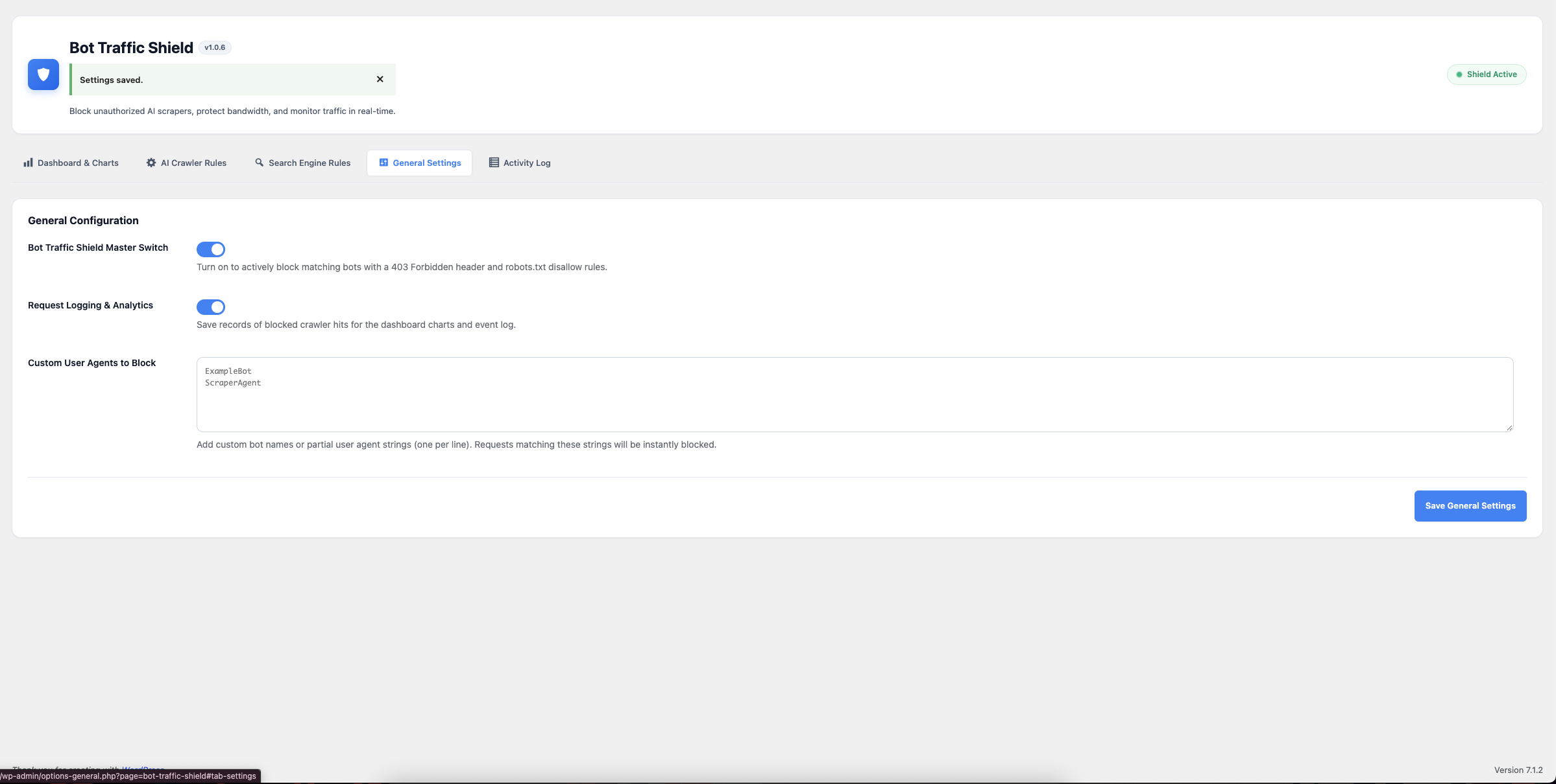 Activity log with paginated blocked bot entries and CSV export