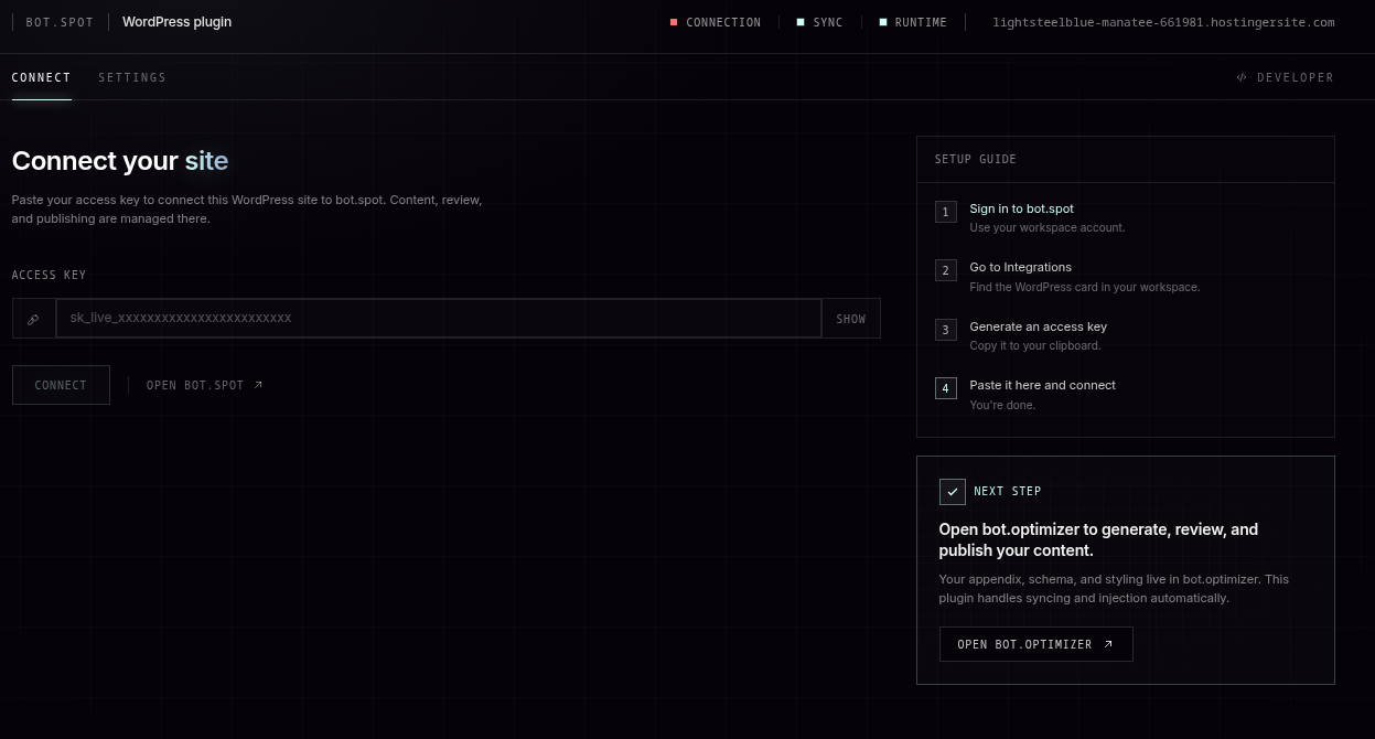 Connect tab for entering a BotSpot access key.