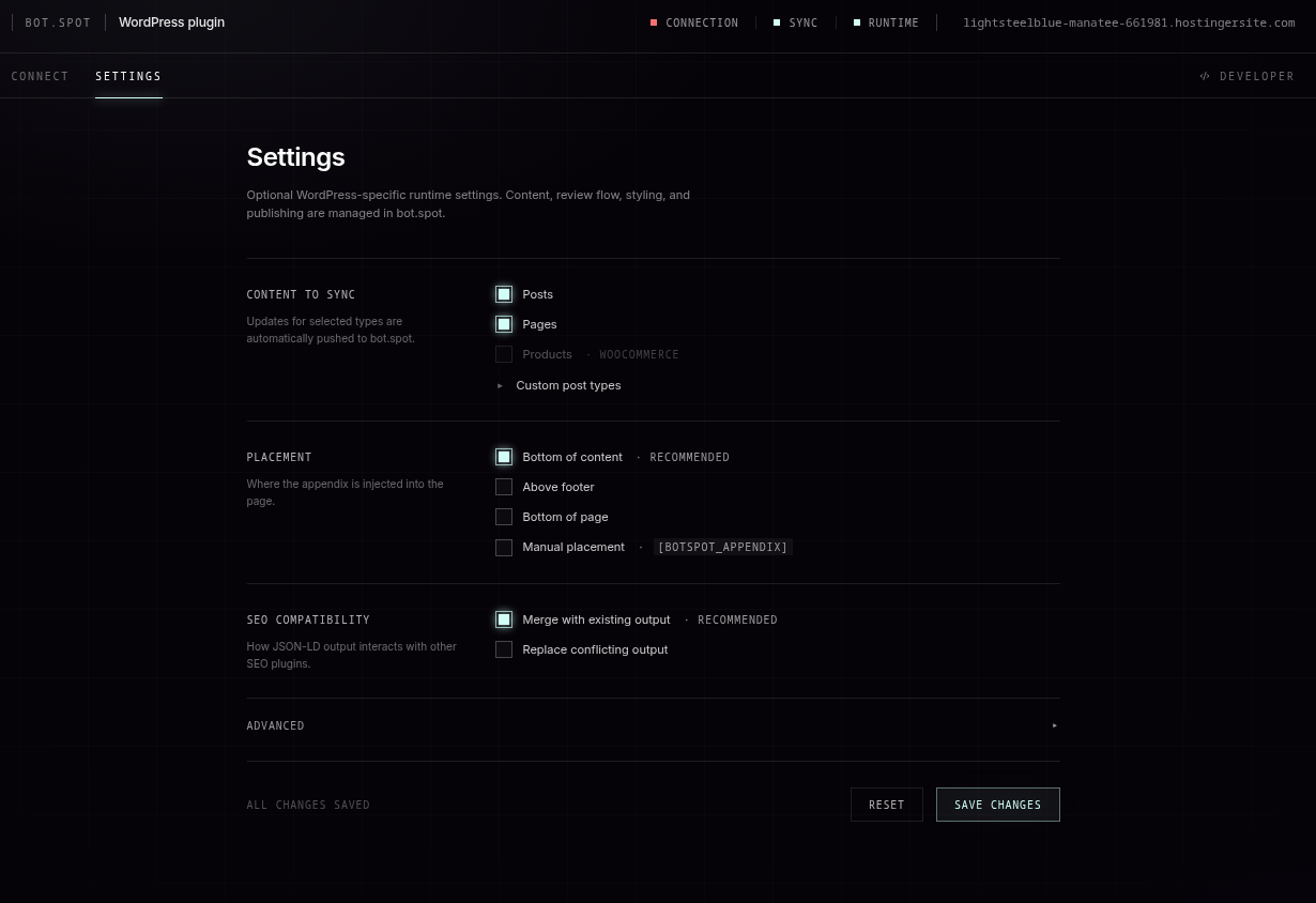Settings tab for content sync and display placement.
