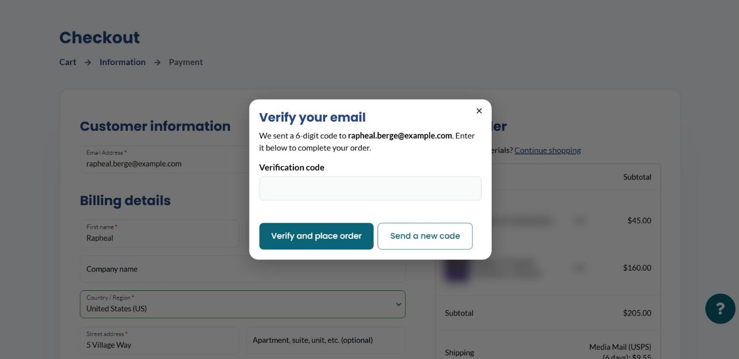 A risky checkout asks the shopper for a 6-digit code sent to their email. The popup copies the checkout's fonts, colours and buttons.