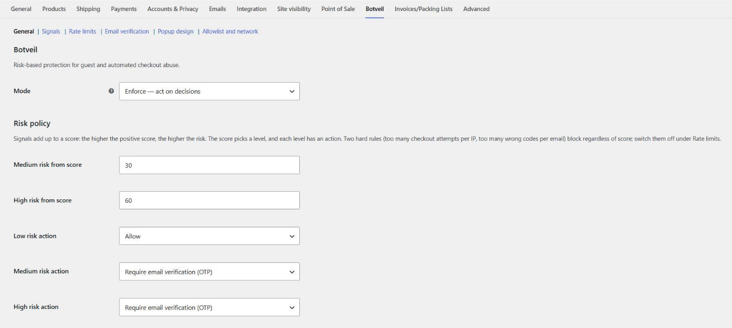 Settings → Botveil → General: choose the mode, the risk thresholds and the action for each risk level.