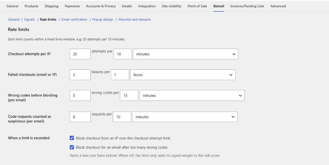 Rate limits per IP and per email, and what happens when a limit is exceeded.