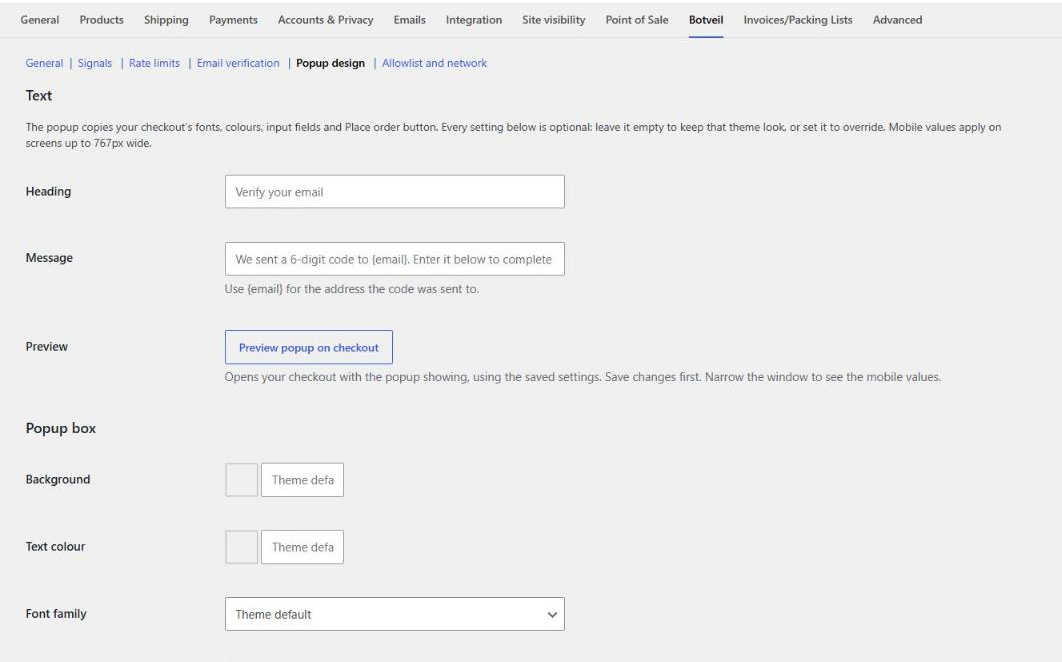 Popup design: restyle every part of the verification popup, with separate mobile values.
