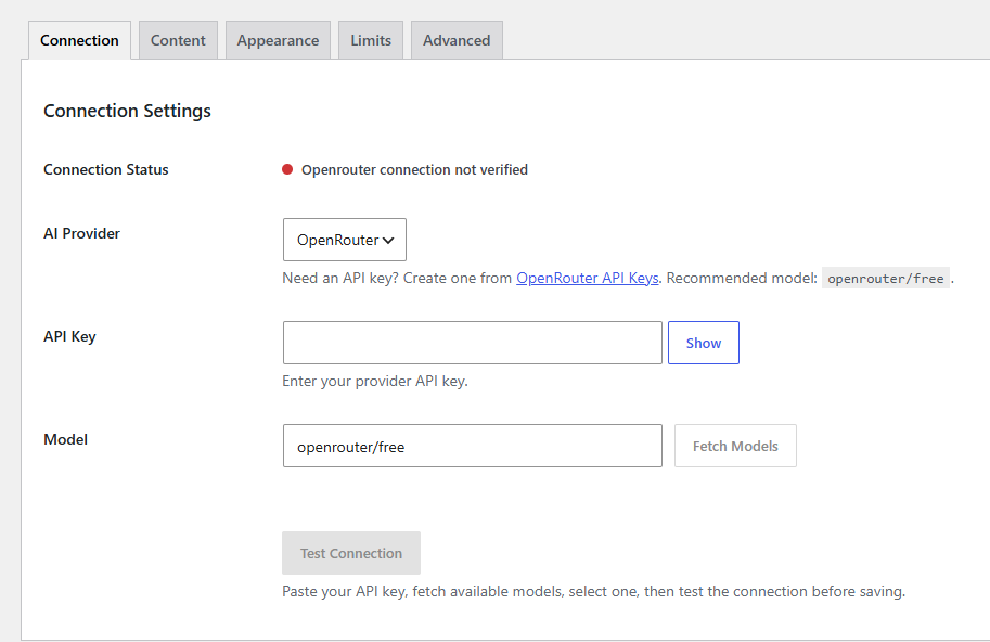 AI provider connection settings.