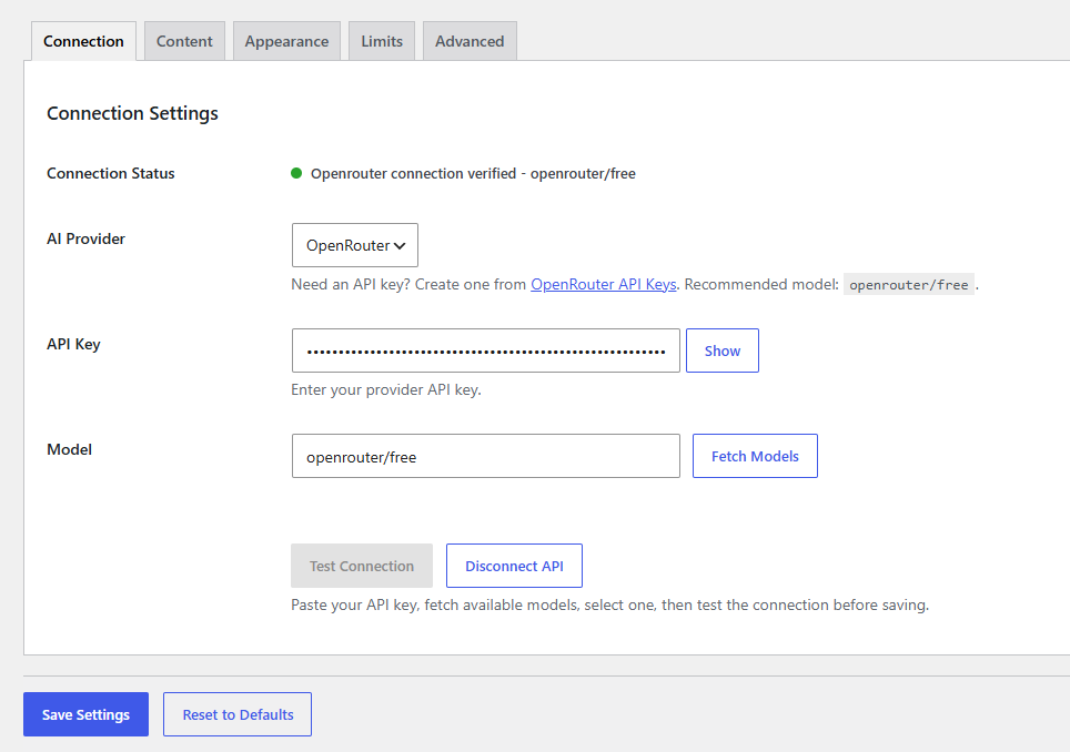 Verified API connection screen.