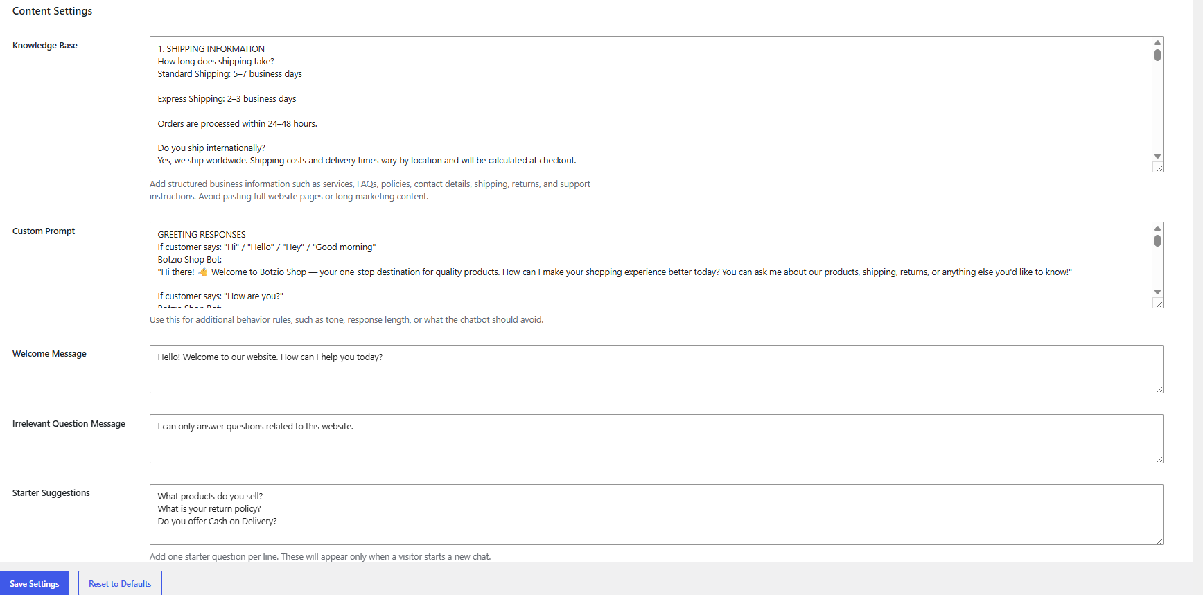 Knowledge Base / Content Settings / Starter Suggestions.