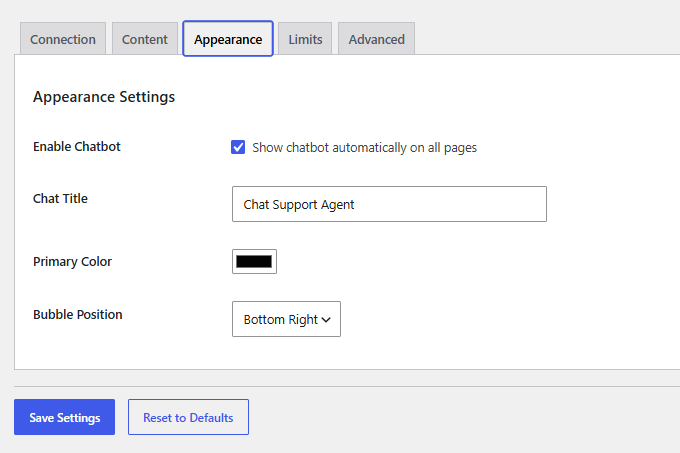 Chatbot appearance customization.