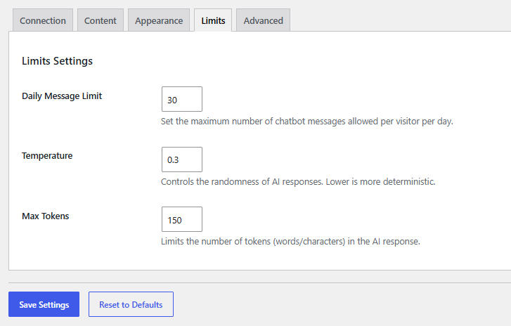 Usage controls: Daily Limit, Temperature, and Max Tokens.