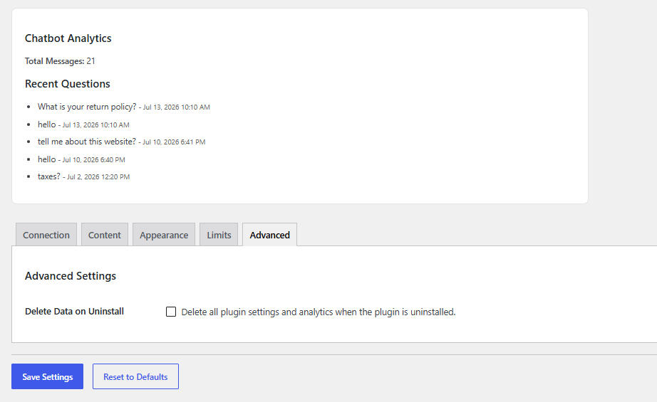 Simple chatbot analytics overview.