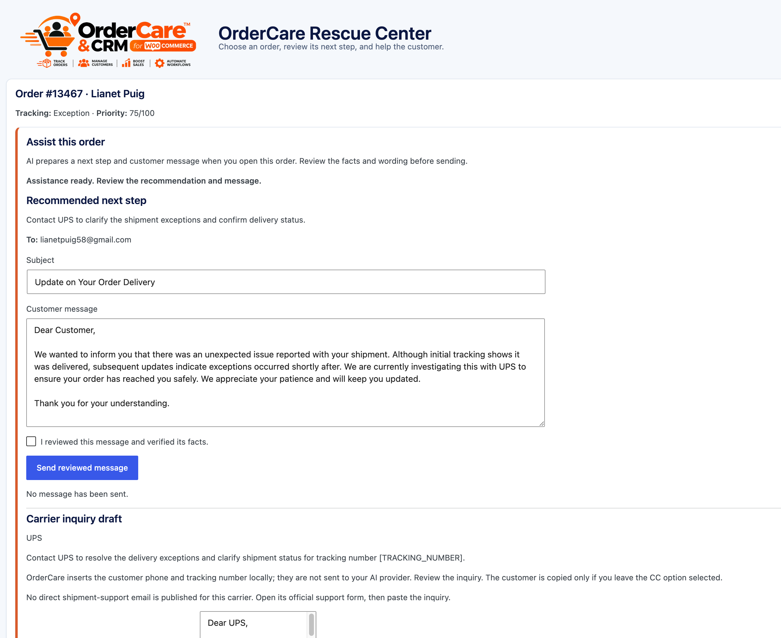 Pro preview: AI Rescue recommends a next step and drafts a customer message for review.