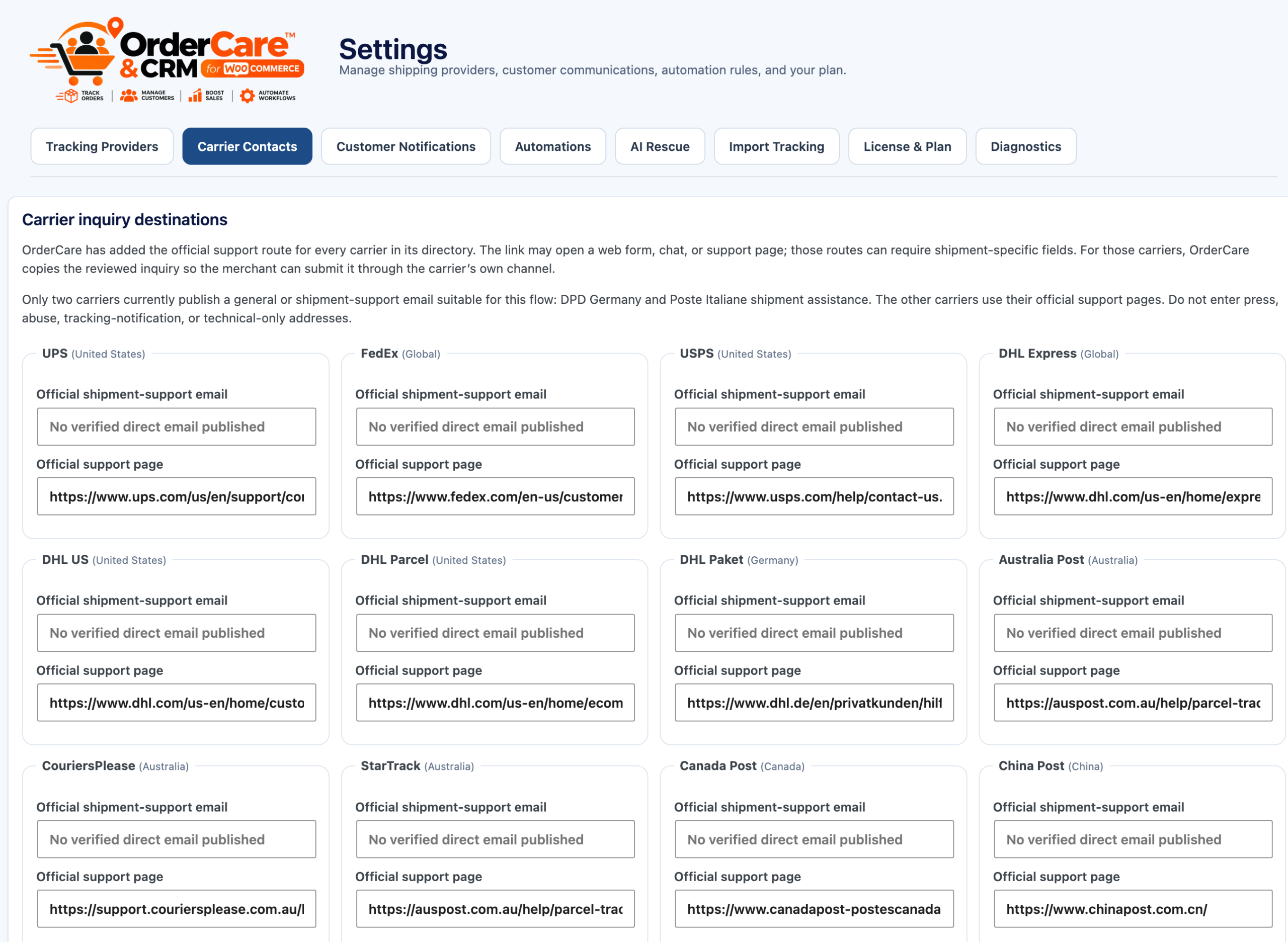 Pro preview: Find official carrier support routes for shipment inquiries.