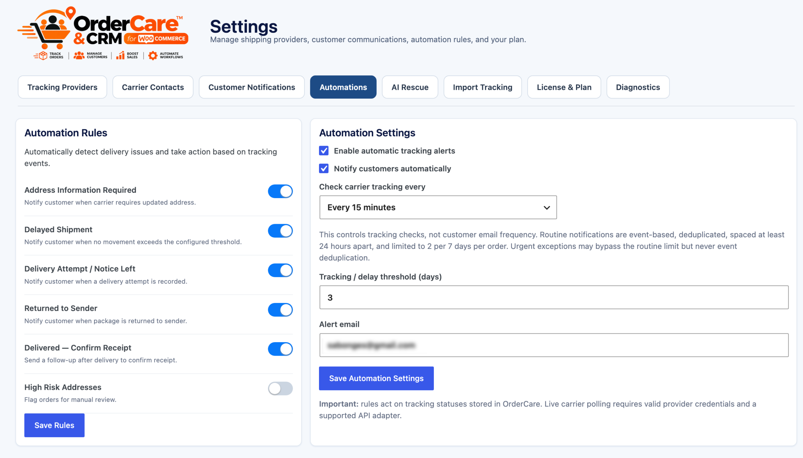 Pro preview: Configure automation rules and tracking alerts.