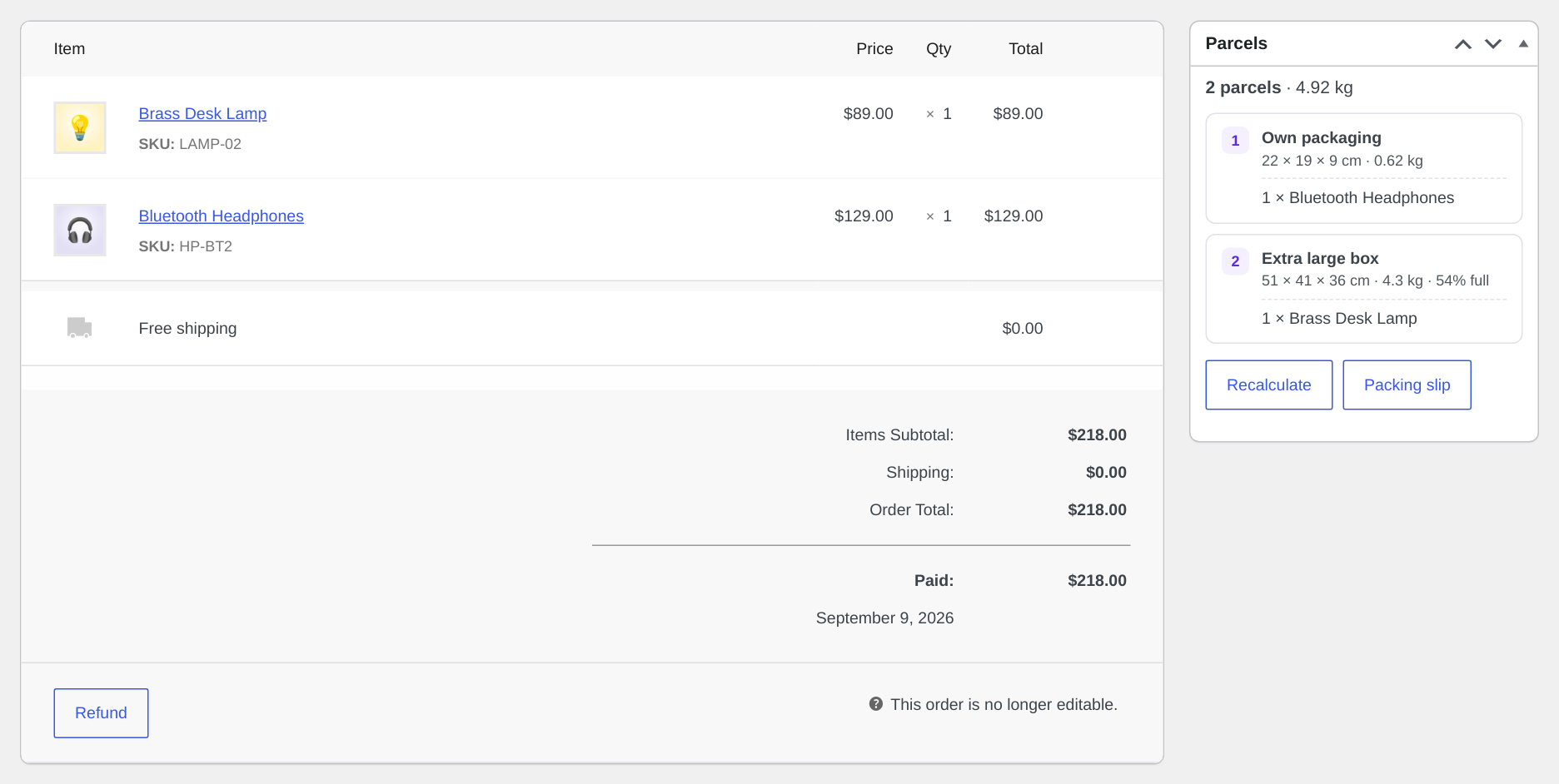 The parcels of every order on the order screen: which box, outer size, weight and how full it is.