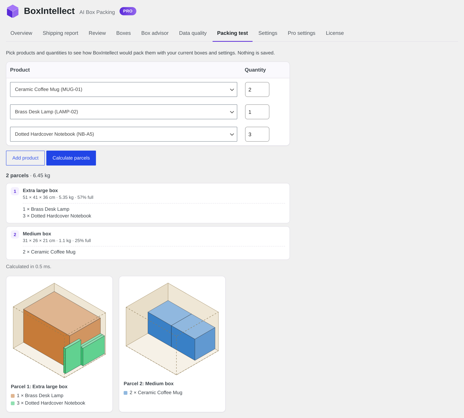Packing test: pick products and see which boxes they ship in, with a 3D view of each parcel.