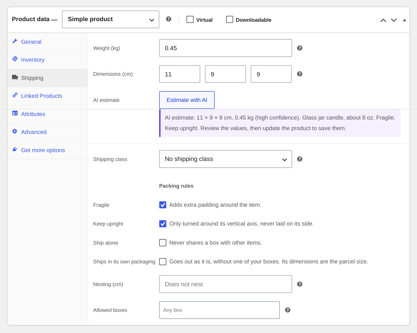 "Estimate with AI" and the packing rules in the product Shipping tab.