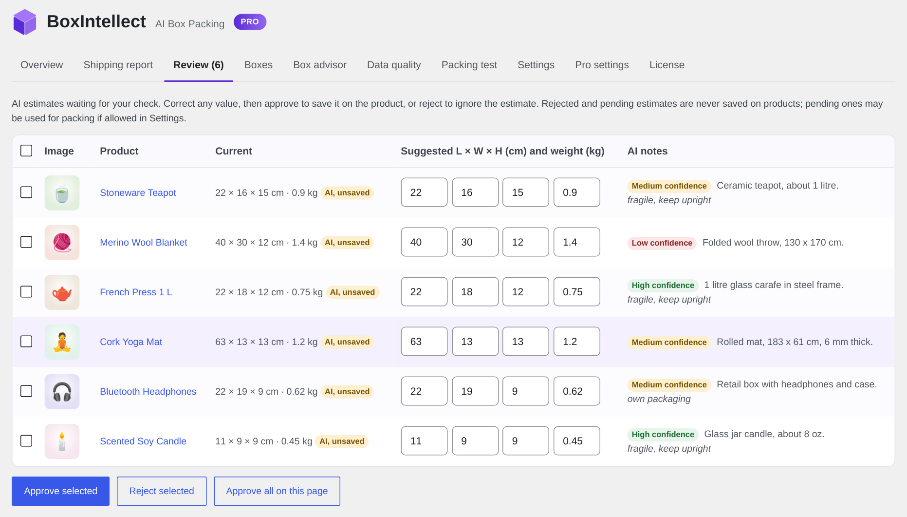 Pro: AI estimates for the whole catalog wait on the Review tab until you approve them.