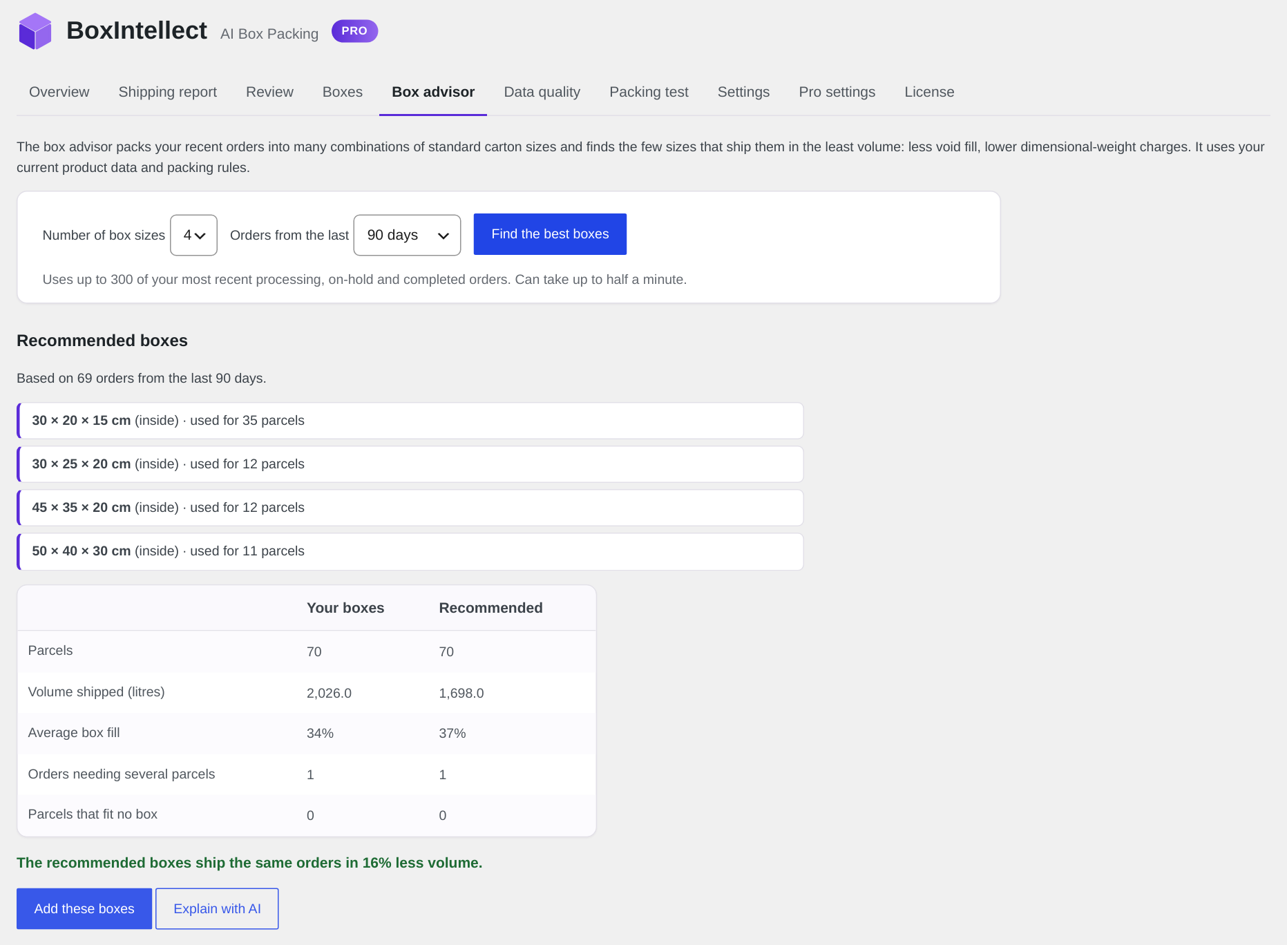 Pro: the box advisor finds the box sizes that ship your real orders in the least volume.