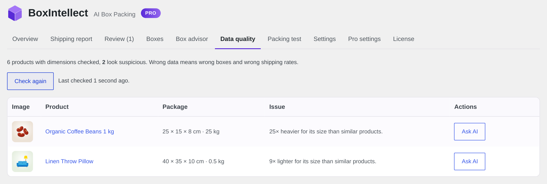 Pro: the data quality check flags weights and sizes that don't add up.