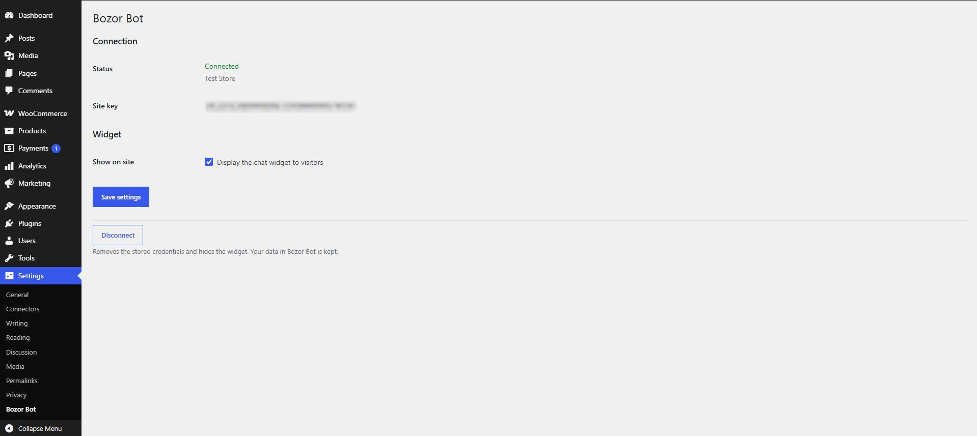 Connecting a site under Settings > Bozor Bot.