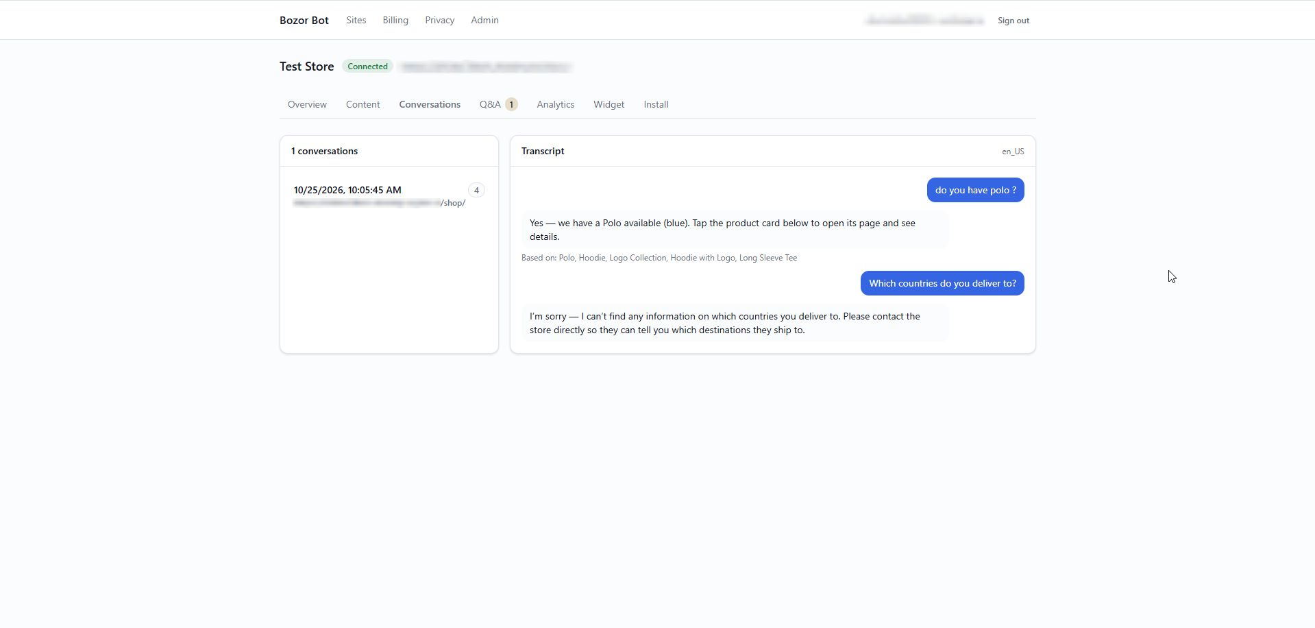 Conversation transcripts in your Bozor Bot dashboard.