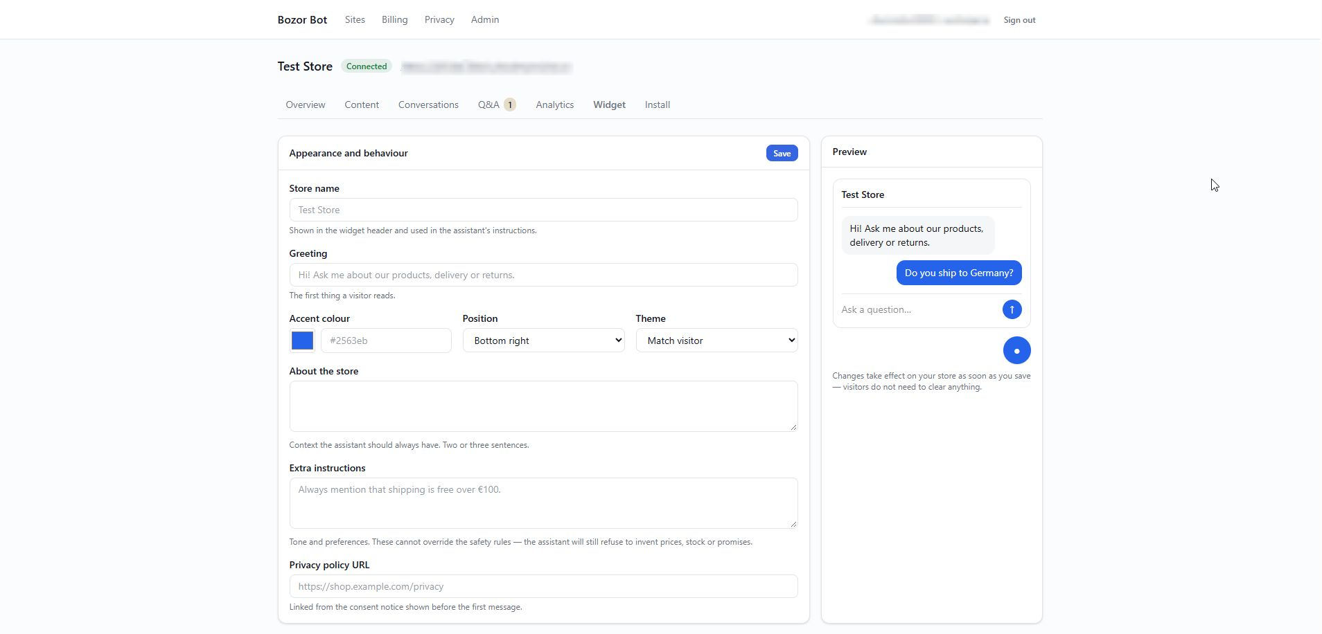 Widget appearance and behaviour settings in your Bozor Bot dashboard.