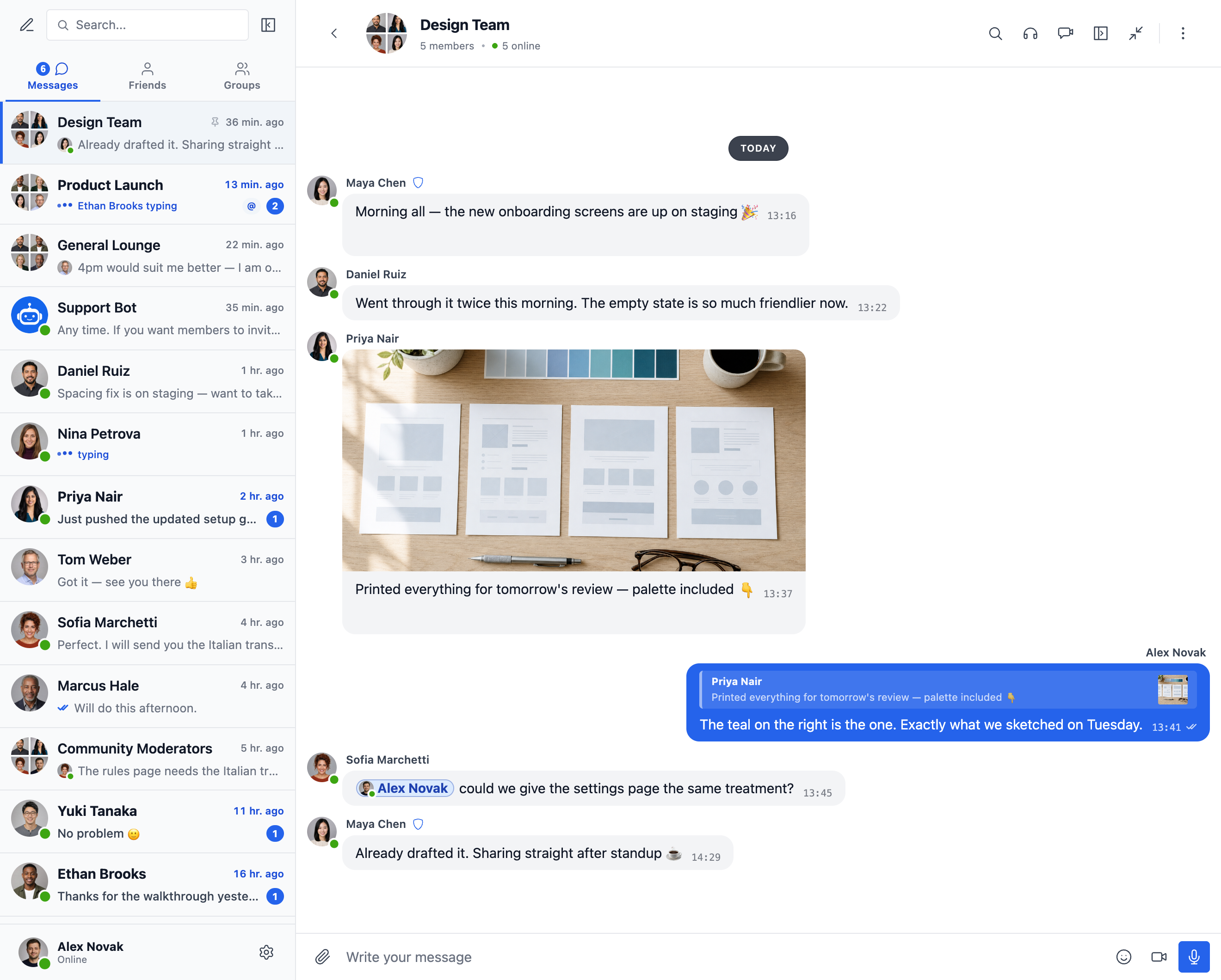 Group conversation with photo sharing, emoji reactions, replies and @mentions — alongside a conversations list with unread badges, pinned chats, online presence and live typing indicators