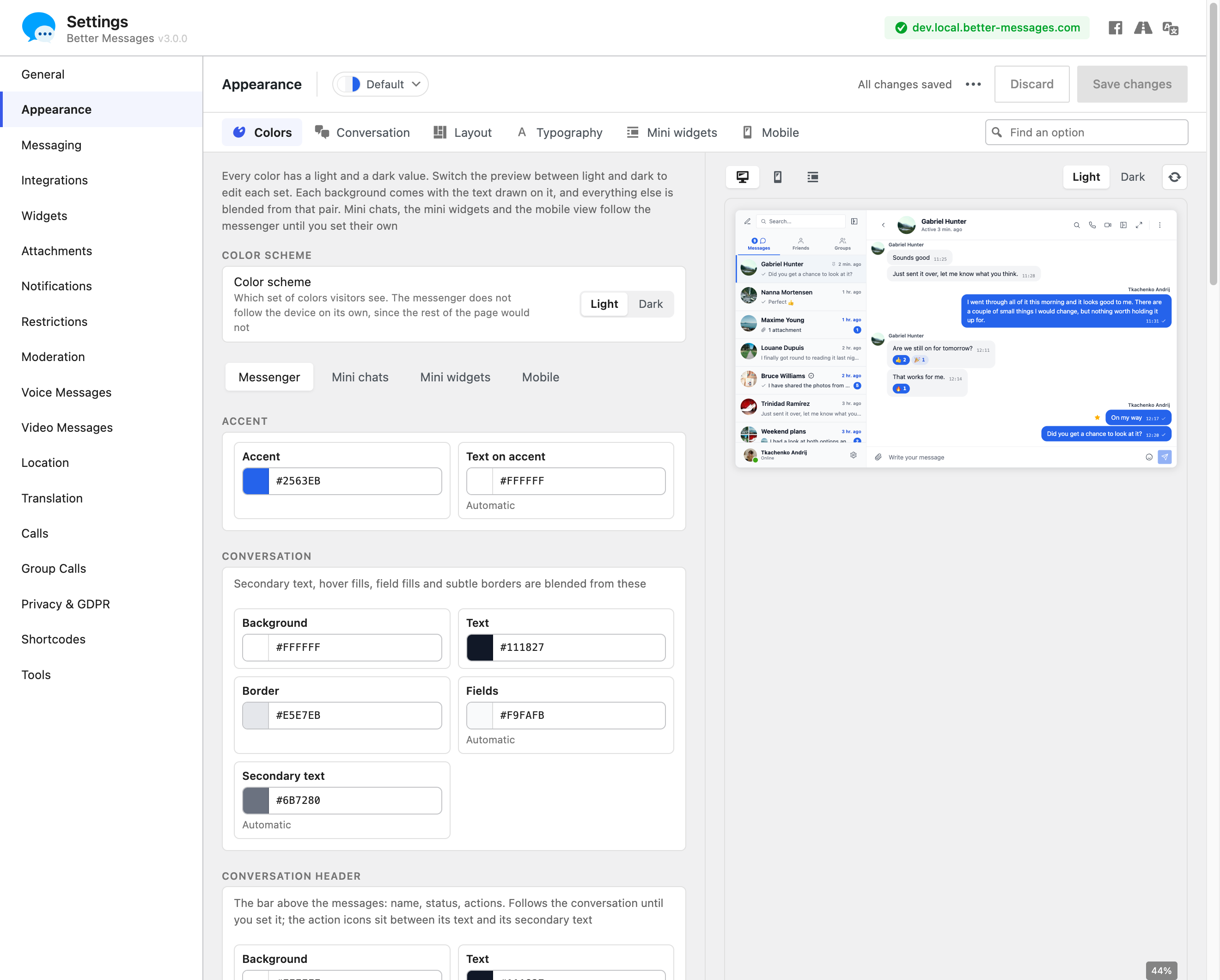 Appearance tab — repaint any part of the messenger and watch every change in the live preview