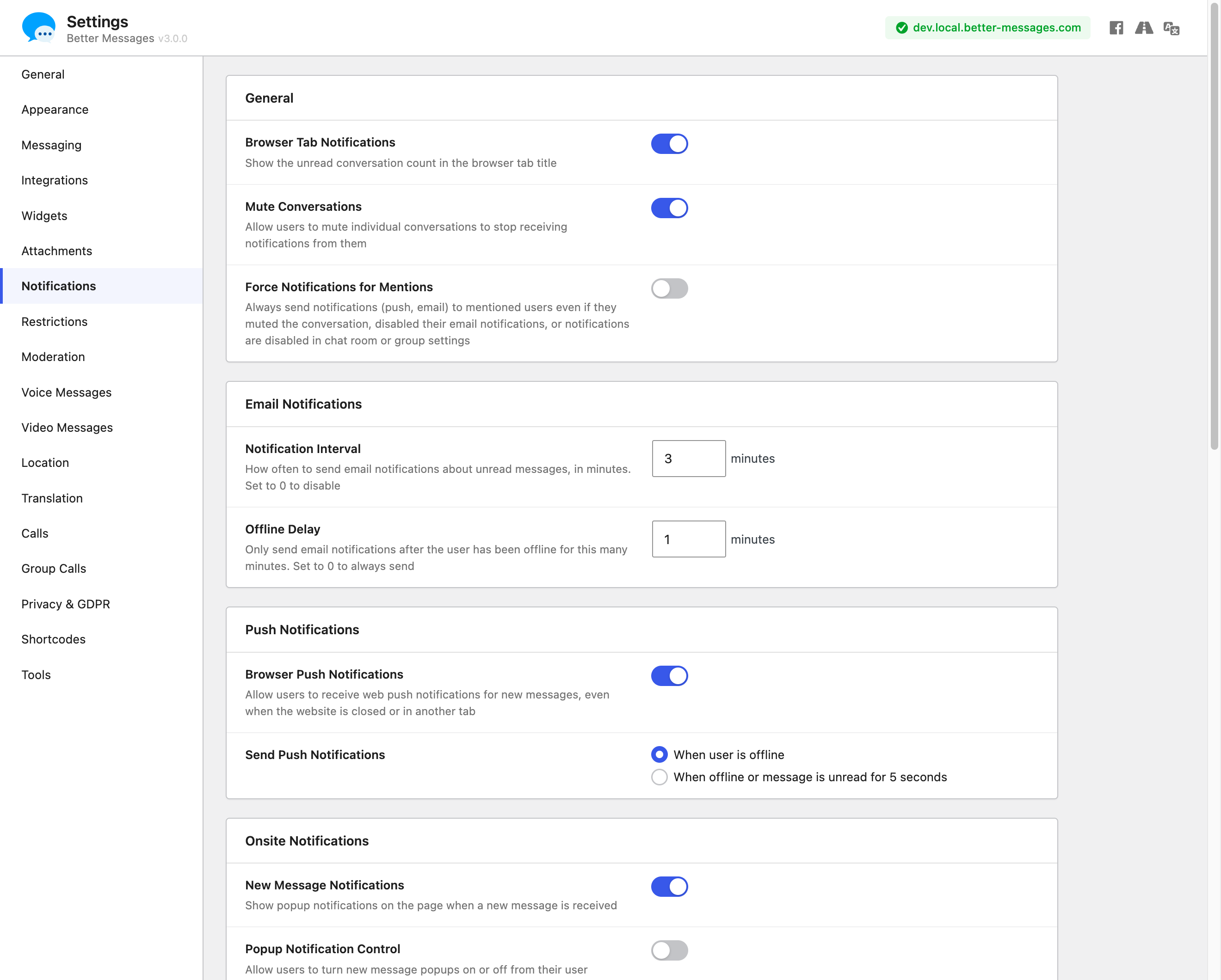 Settings — email, browser push and on-site notifications, and 18 more tabs of options