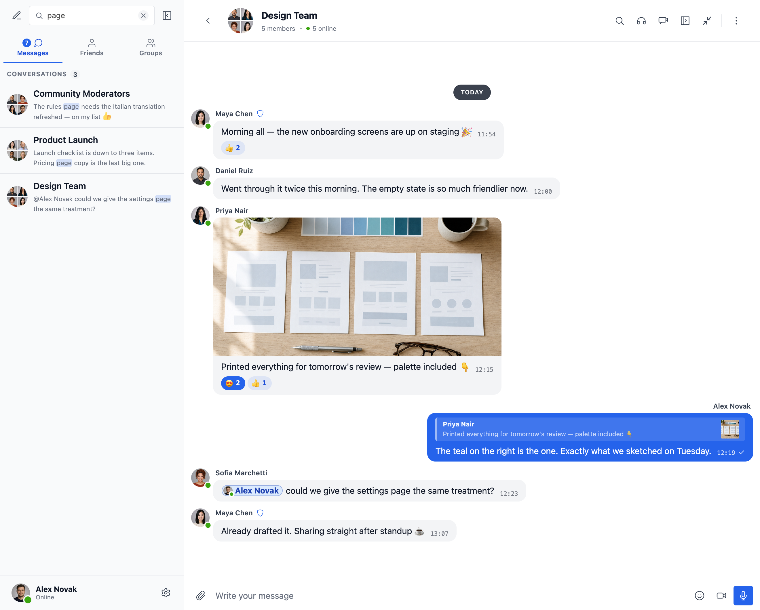 Full-text search across every message, with matches highlighted in the conversations list