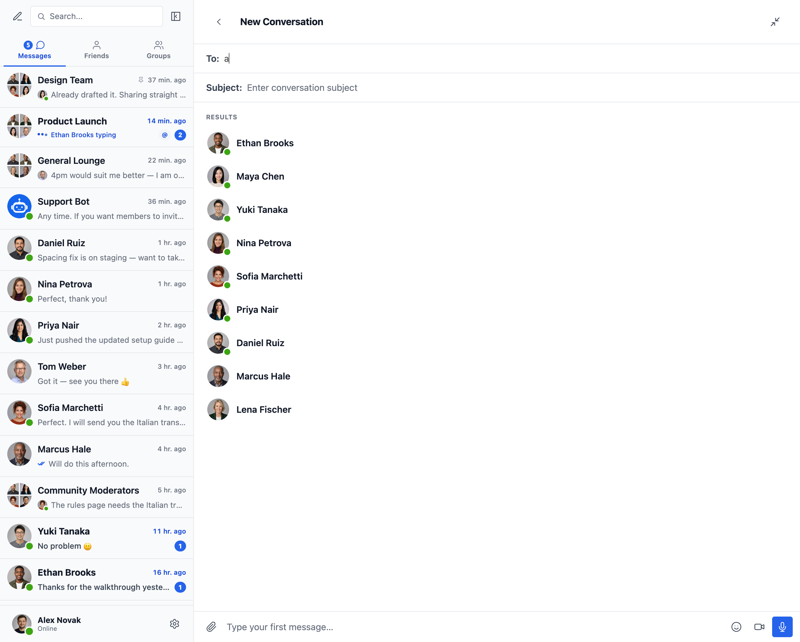 Start a new conversation — recipient search with live results and online status