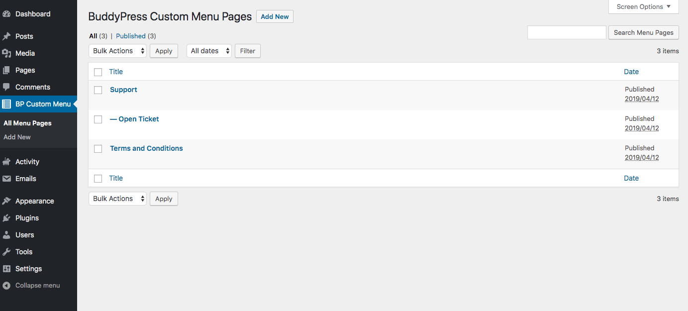 The Custom Profile Menu for BuddyPress page list.
