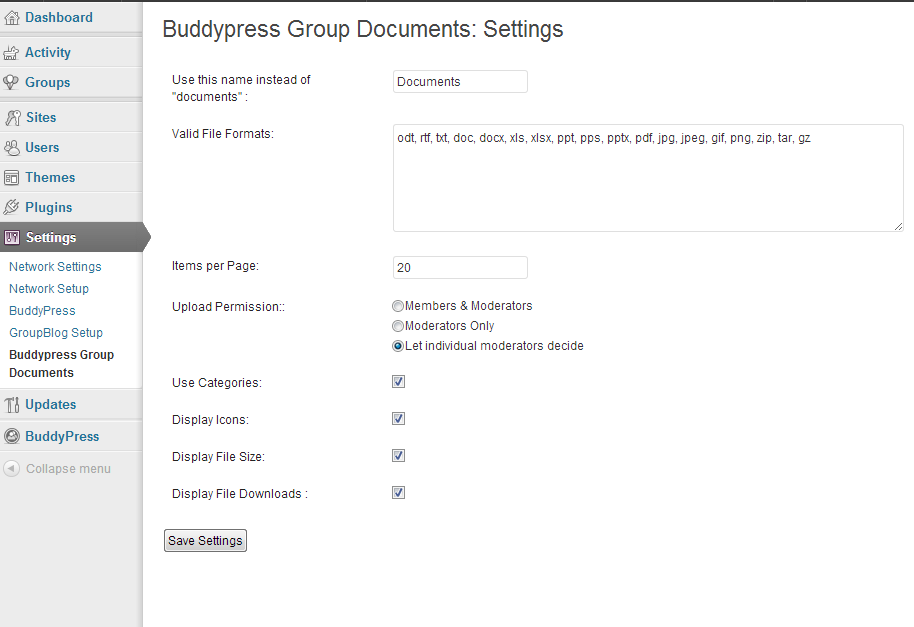 Admin settings page