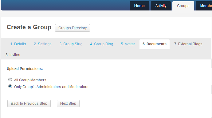 Documents settings page on group creation
