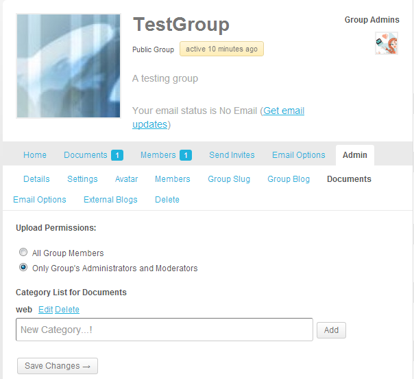 Group admin document's settings tab, allow category's edit, addition