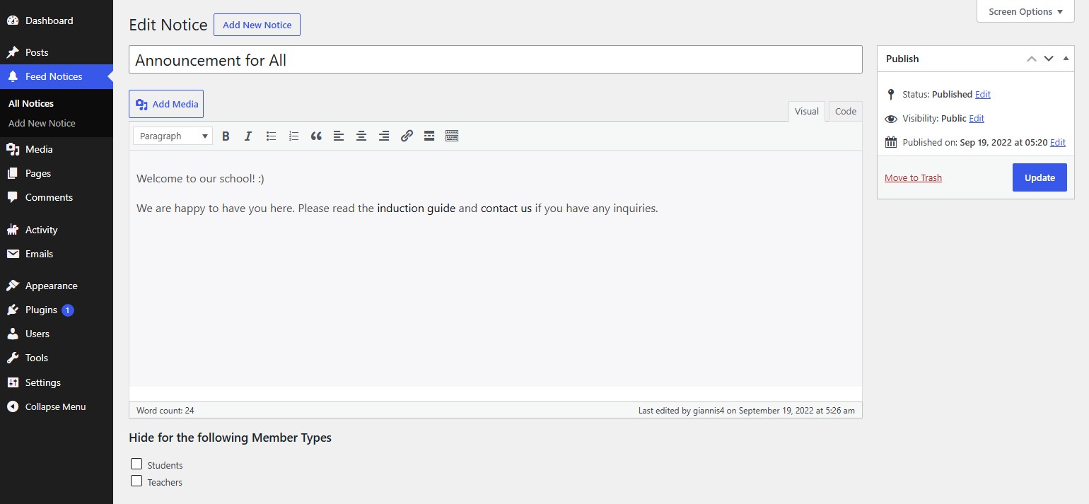 Writing a notice, with the member types it should be hidden from.