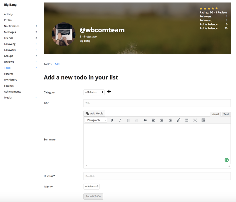 Create Todo Form - Intuitive form with rich text editor, categories, due date picker, and priority selection