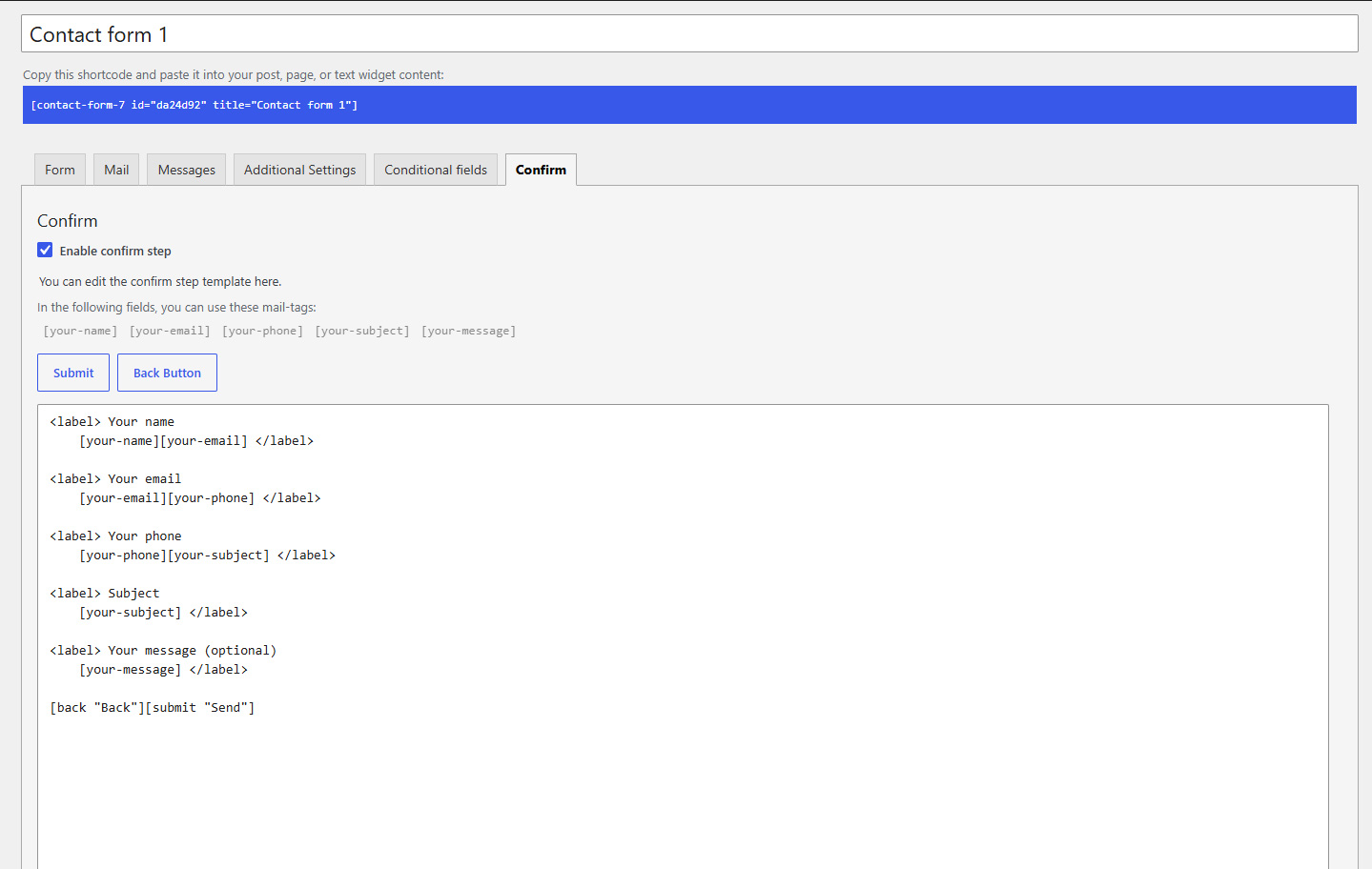 Confirm tab with enable checkbox, confirm template, and tag buttons.