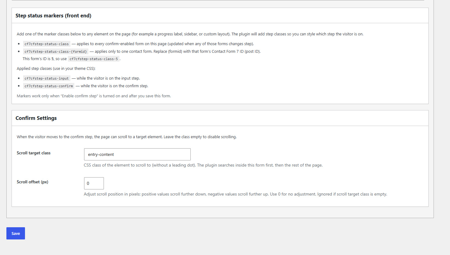 Confirm Settings metabox (scroll class and offset).